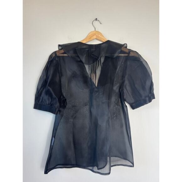 NWT Lingua Franca Sheer Ruffle Edges Short Sleeve Odette Top Black Size: Large - Picture 6 of 7